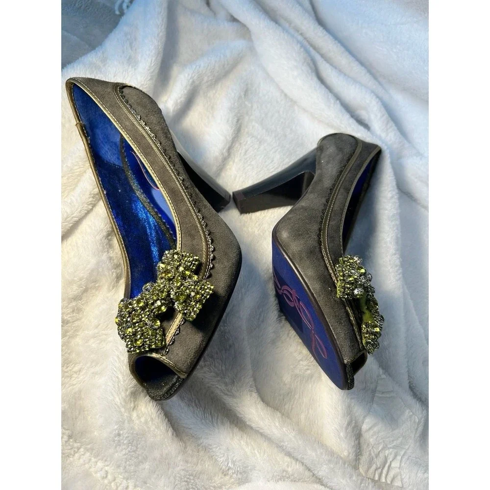 New Poetic License London Suede Peep Toe Pumps with Rhinestone Bow Embellishment